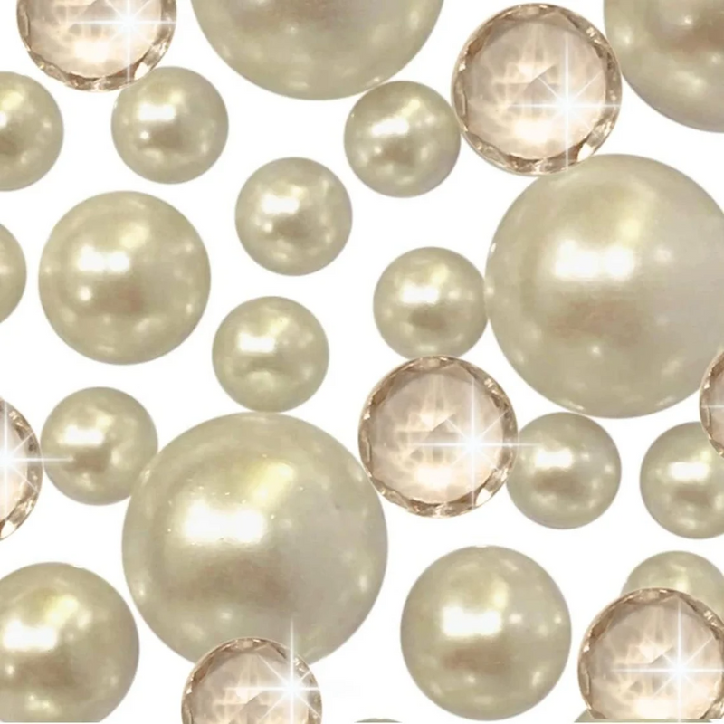 100 Floating Ivory Pearls and Matching Gems-Shiny-Jumbo Sizes-Fills 2 Gallons of Transparent Gels for Floating Effect-With Measured Floating Gels Prep Bags-Option: 6 Submersible Fairy Lights Strings