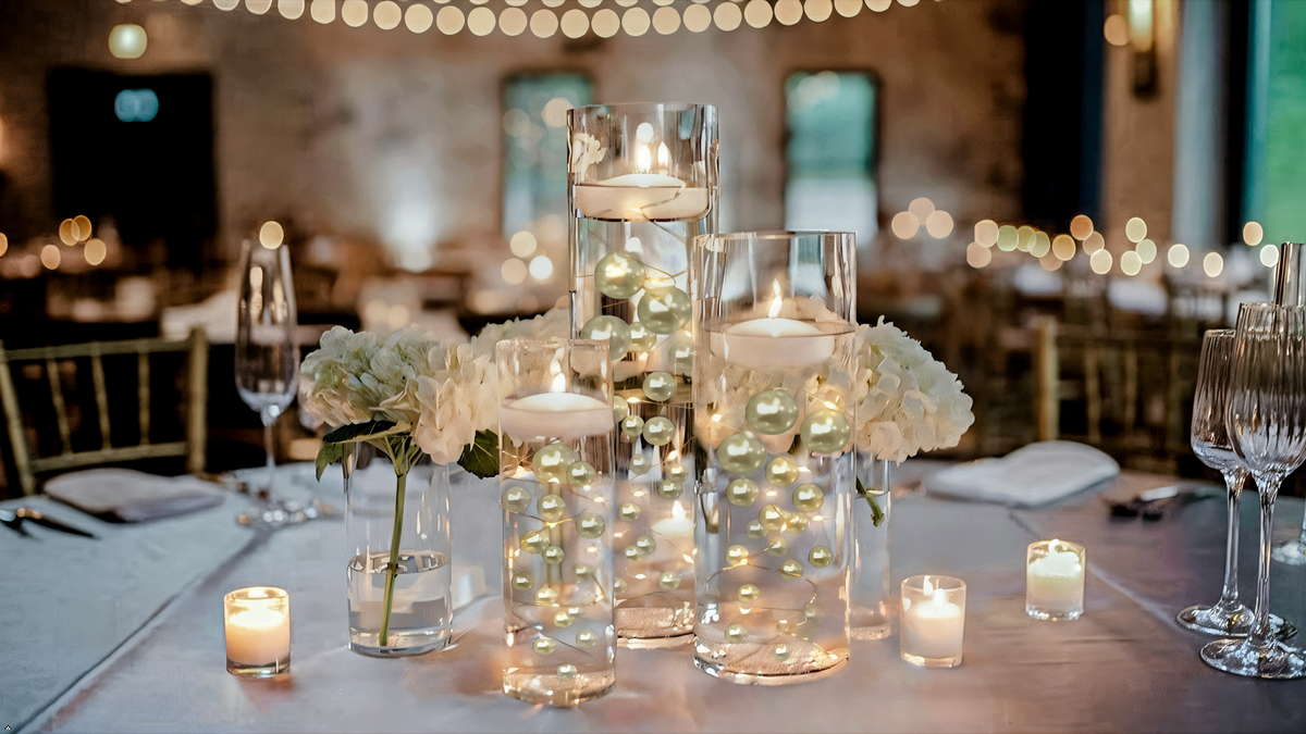 75 Floating Ivory/Off White Pearls Large Sizes- Option of 3 Submersible Fairy Lights Strings Hidable Submersible Batteries- 1 Gallon of Transparent Water Gels for Vases