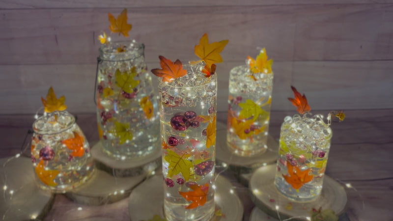 50 Floating Shades of Realistic Fall Leaves, Flowers, Pearls-Pebbles-Fills 1 Gallon-With Transparent Floating Gels-Options of 3 Submersible Fairy Lights