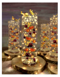 50 Floating Fall Thanksgiving Pumpkins Leaves & Pearls- With Transparent Water Gels Fills 1 Gallon for Your Vases- Option 3 Submersible LED Fairy Lights Strings with Hidable and Submersible Battery