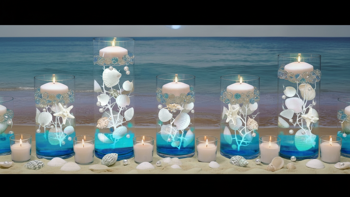 75 Floating White Seashells-White Starfish-Coral Reef-Pearls-Aqua Beads-Option to add 3 Submersible LED Fairy Lights Strings with Hidable Submersible Batteries- Fills 1 gallon of the Transparent Water Gels for the Floating Effects
