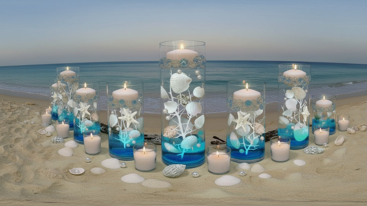 75 Floating White Seashells-White Starfish-Coral Reef-Pearls-Aqua Beads-Option to add 3 Submersible LED Fairy Lights Strings with Hidable Submersible Batteries- Fills 1 gallon of the Transparent Water Gels for the Floating Effects