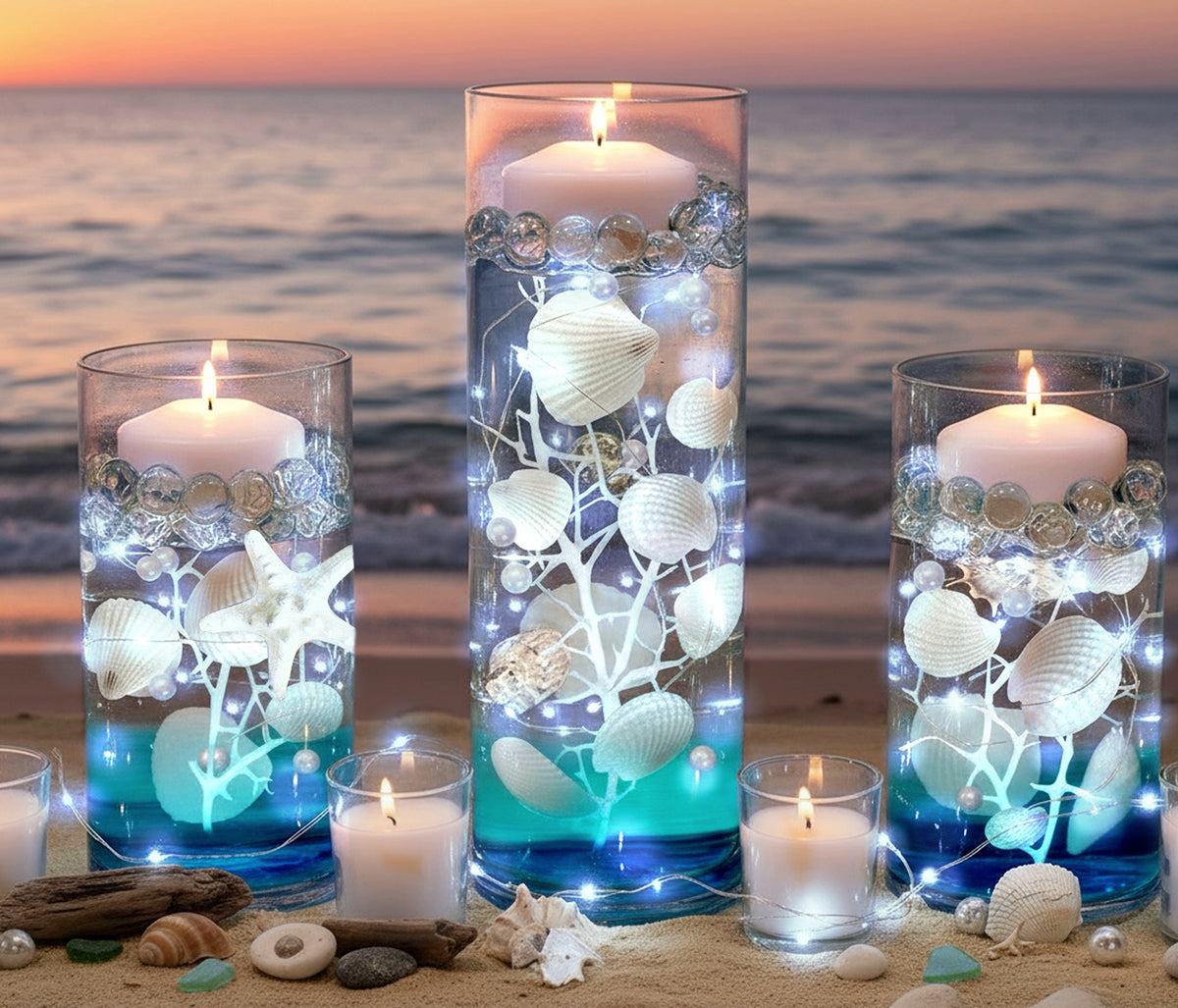 75 Floating White Seashells-White Starfish-Coral Reef-Pearls-Aqua Beads-Option to add 3 Submersible LED Fairy Lights Strings with Hidable Submersible Batteries- Fills 1 gallon of the Transparent Water Gels for the Floating Effects