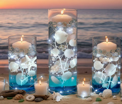 75 Floating White Seashells-White Starfish-Coral Reef-Pearls-Aqua Beads-Option to add 3 Submersible LED Fairy Lights Strings with Hidable Submersible Batteries- Fills 1 gallon of the Transparent Water Gels for the Floating Effects