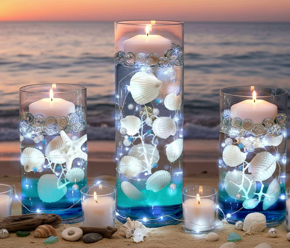 50 Floating White Seashells/Starfish/Coral Reef/Pearls/Aqua Blue Beads-Option: 3 Submersible LED Fairy Lights Strings/Hidable Submersible Batteries-Makes 1 Gallon of the Transparent Water Gels for the Floating Effects