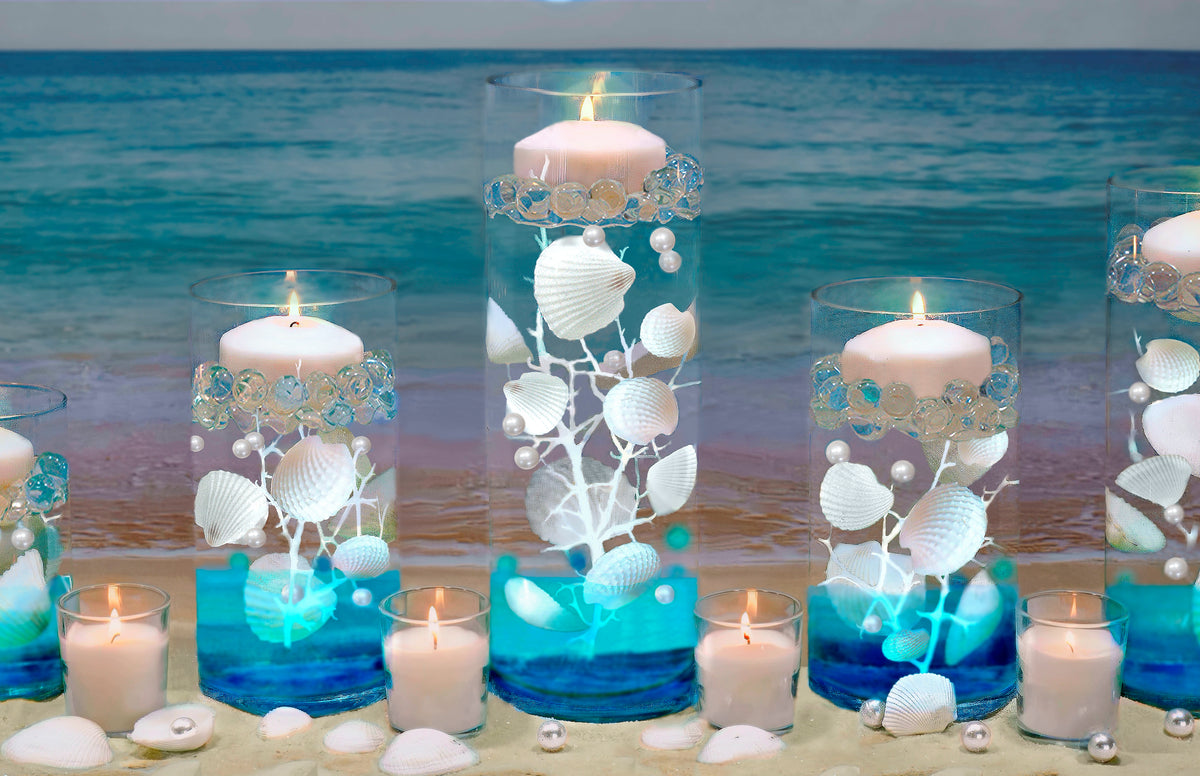 100 Floating Natural White Seashells-White Coral Reef-Pearls-Vivid Aqua Sea Color Gels-Fills 1 Gallon-With Exclusive Measured Gels Prep Bag-Option of 3 Submersible Fairy Lights Strings