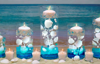 100 Floating Natural White Seashells-White Coral Reef-Pearls-Vivid Aqua Sea Color Gels-Fills 1 Gallon-With Exclusive Measured Gels Prep Bag-Option of 3 Submersible Fairy Lights Strings