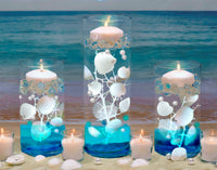 100 Floating Natural White Seashells-White Coral Reef-Pearls-Vivid Aqua Sea Color Gels-Fills 1 Gallon-With Exclusive Measured Gels Prep Bag-Option of 3 Submersible Fairy Lights Strings