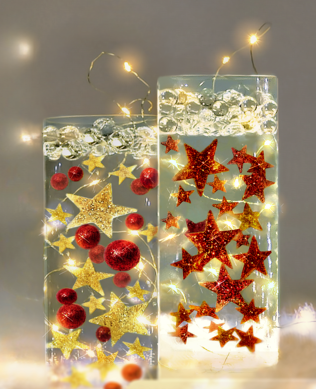 Floating Red Sparkling Stars-Large Sizes-Fills 1 Gallon for Your Vases-With Option: 3 Submersible Fairy Lights-Vase Decorations