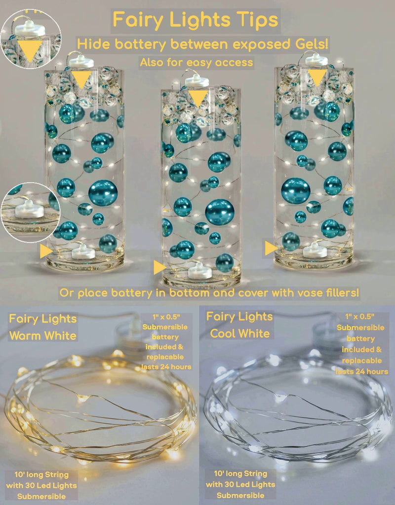 100 Floating Rose Gold Pearls & Floating Rose Gold Gems-Fills 2 Gallons of The Transparent Floating Gels-With Exclusive Gels Prep Bags-Option of 6 Submersible Fairy Lights Strings