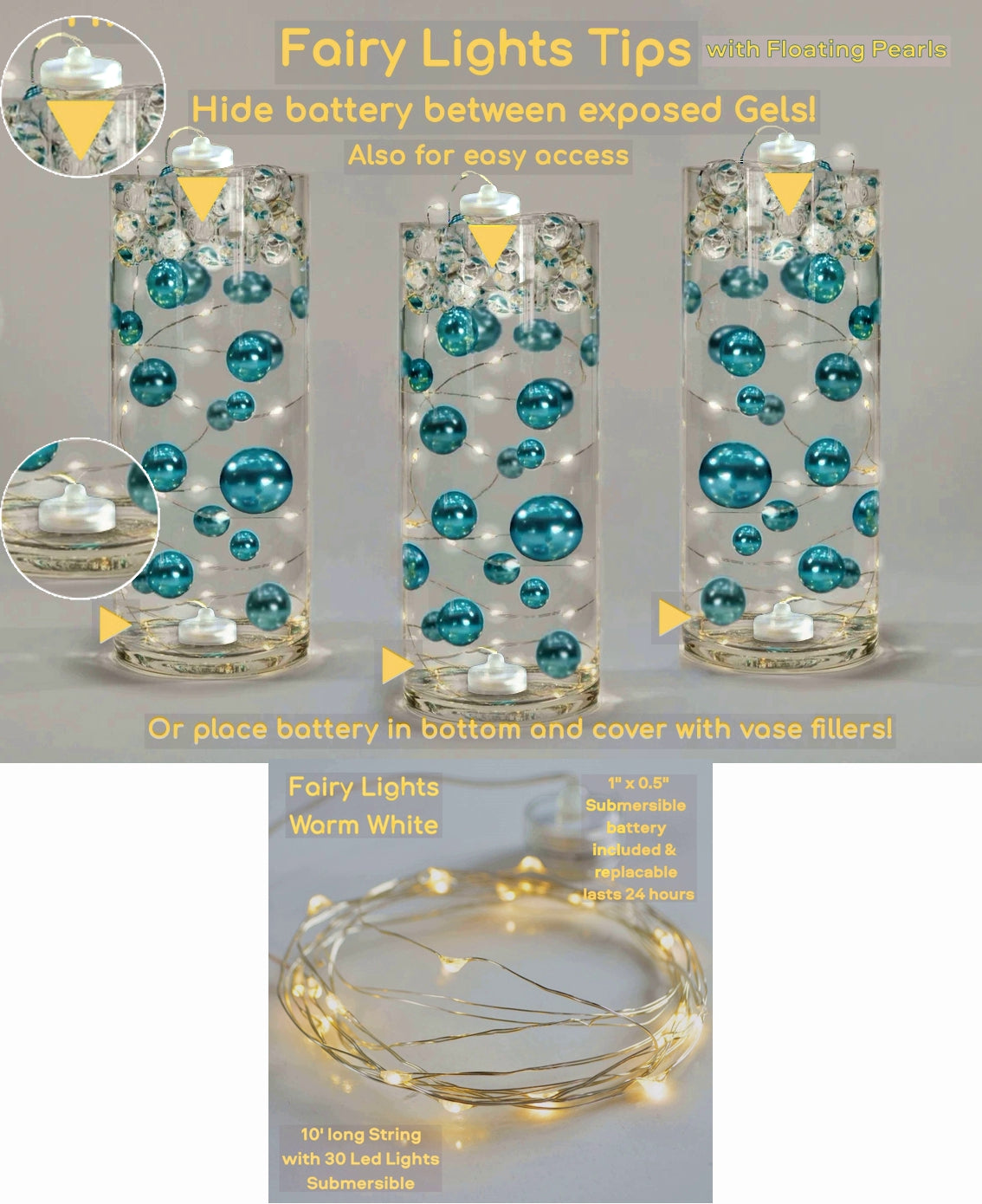 75 Floating Gold Pearls-Fills 1 Gallon of Floating Pearls and Transparent Gels for The Floating Effect-With Measured Gels Prep Bag-Option of 3 Fairy Lights Strings