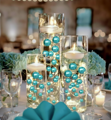 100 Floating Turquoise Blue Pearls and Sparkling Gems Large Sizes- Option of 6 Submersible Fairy Lights Strings Hidable Submersible Batteries- 2 Gallons of Transparent Water Gels for Vases