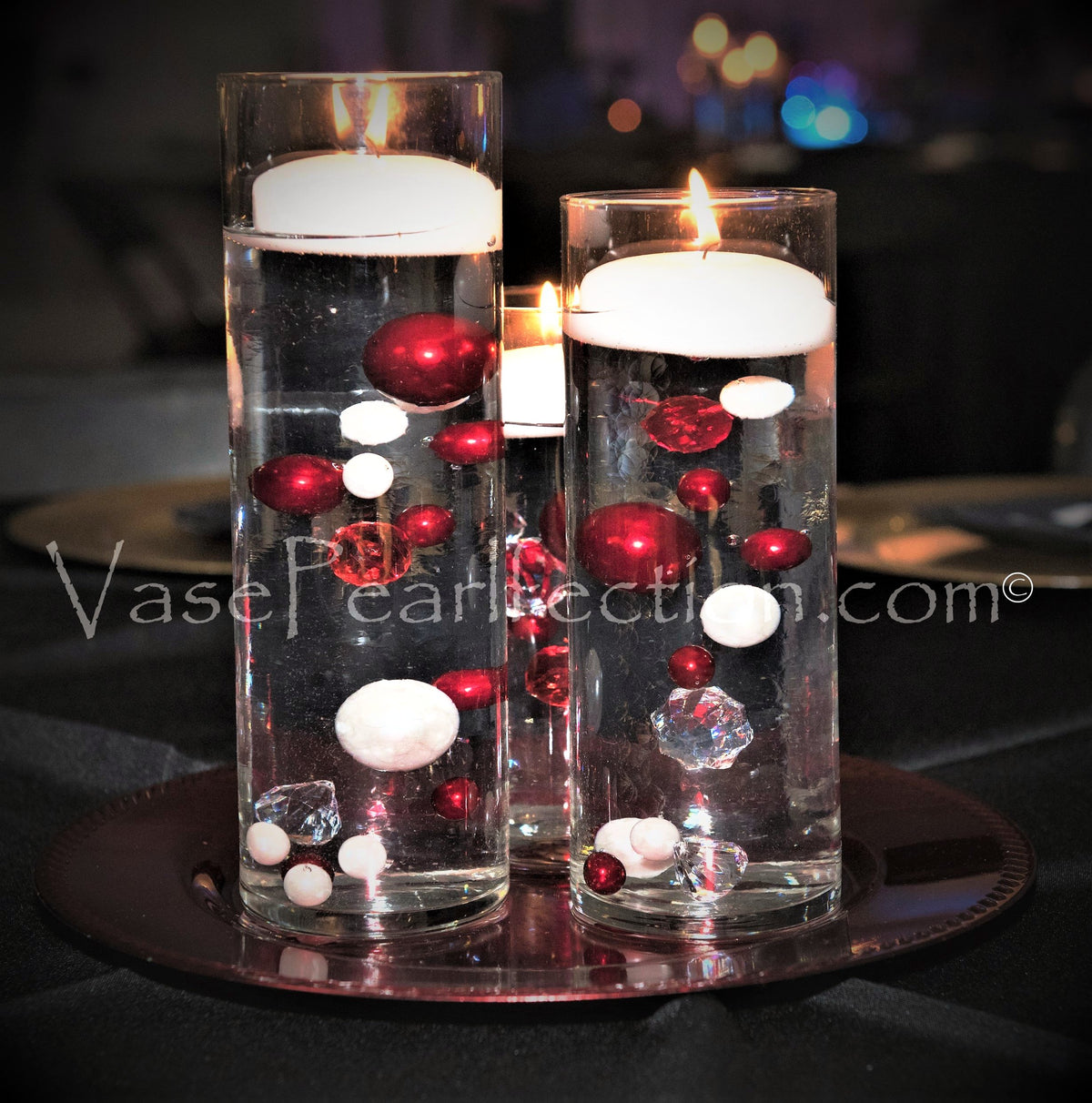 100 "Floating" Red Pearls and Matching Gems-Shiny-Jumbo Sizes-Fills 2 Gallons for Your Vases-With Transparent Water Gels Floating Kit-Option: 6 Submersible Fairy Lights Strings