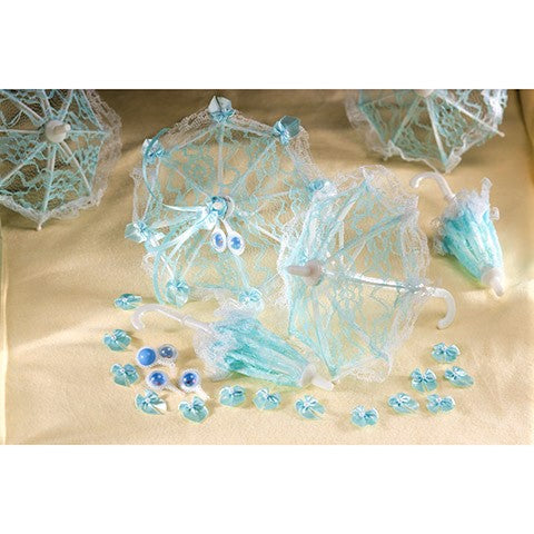 3 Mini Lace Umbrellas - Baby Blue - 7"- Cake Toppers - Vase Toppers!