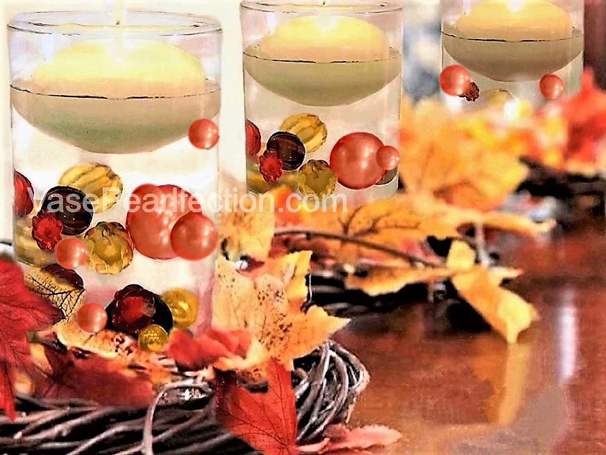 50 Fall Thanksgiving Floating Glowing Pumpkins, Gems, and Pearls - Fills 1 Gallon of the Floating Gels for Your Vase-With Floating Gels Pre-Measured Prep/Storage Bag-Option of 3 Fairy Lights Strings