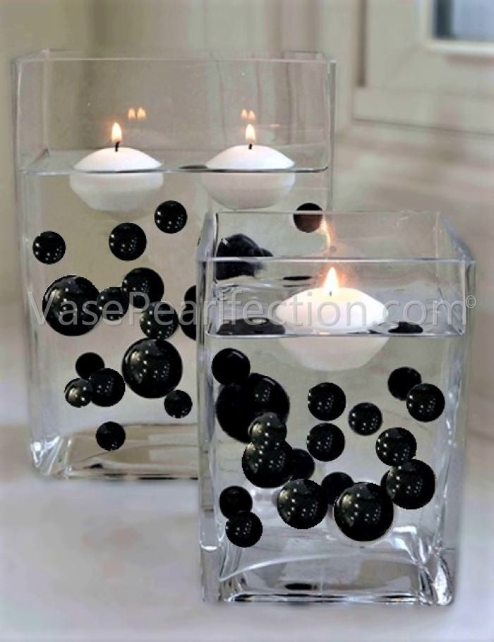 50 Floating Black Pearls-Jumbo Sizes-Fills 1 Gallon of Floating Pearls & the Transparent Gels for  the Floating Effect-With Exclusive Measured Gels Prep Bag-Option: 3 Submersible Fairy Lights Strings