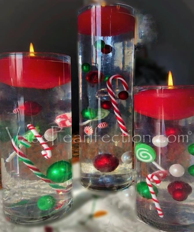 50 Floating Christmas Sparkling Red/Green Candy Canes-Peppermints-Pearls-Fills 1 Gallon-With Measured Transparent Water Gels Floating Kit-Option:Lites