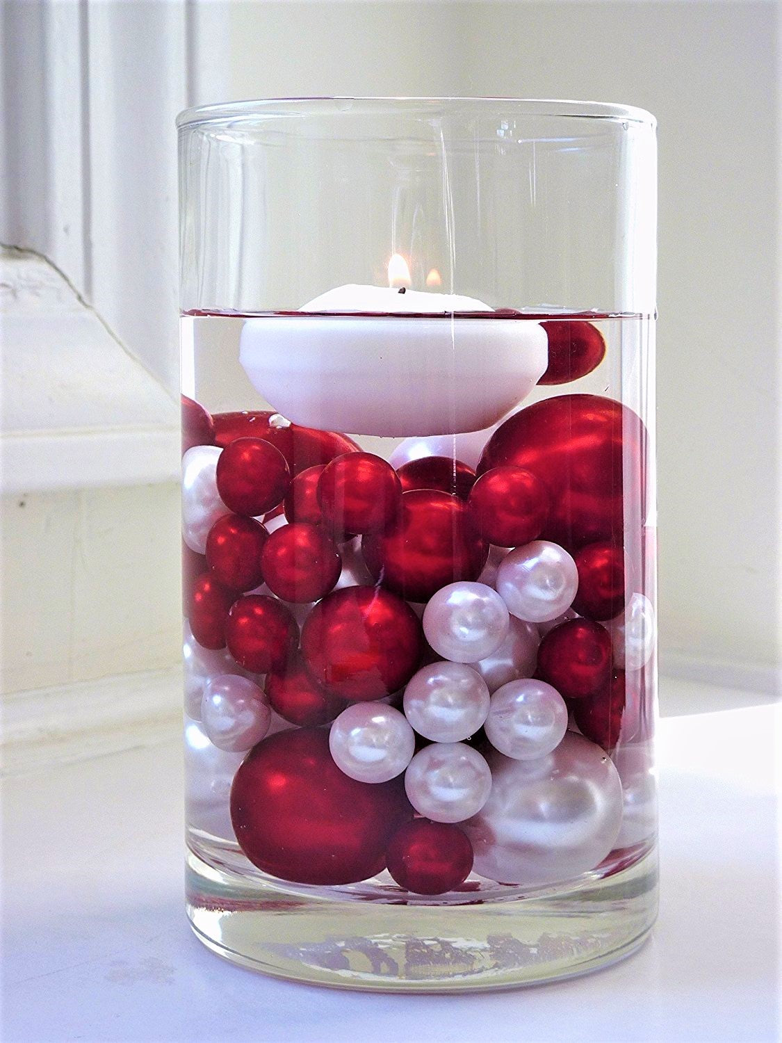 100 "Floating" Red Pearls and Matching Gems-Shiny-Jumbo Sizes-Fills 2 Gallons for Your Vases-With Transparent Water Gels Floating Kit-Option: 6 Submersible Fairy Lights Strings