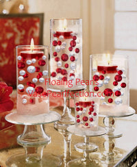 100 "Floating" Red Pearls and Matching Gems-Shiny-Jumbo Sizes-Fills 2 Gallons for Your Vases-With Transparent Water Gels Floating Kit-Option: 6 Submersible Fairy Lights Strings